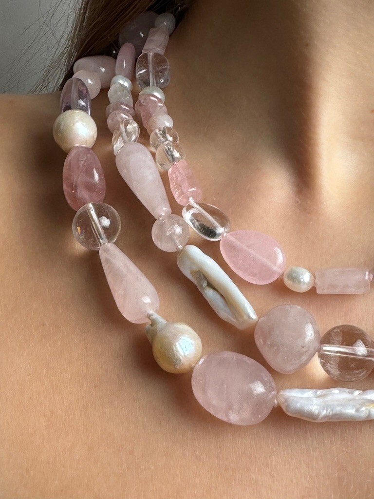Layered necklace with quartz and freshwater pearls
