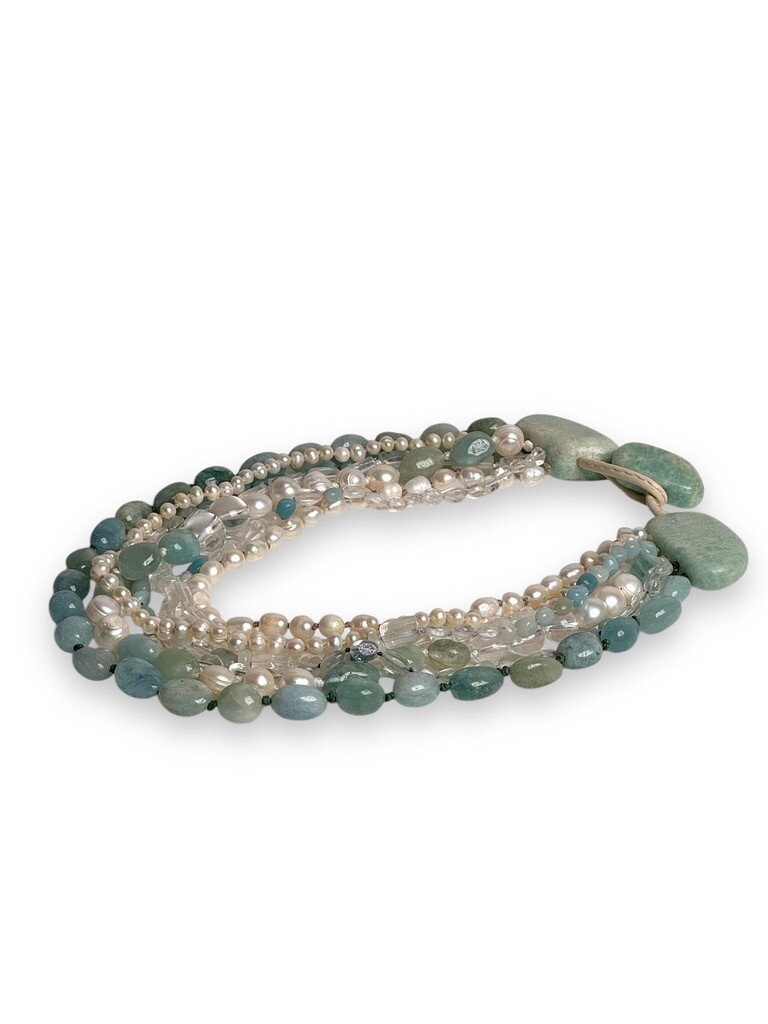 Necklace: Aquamarine, amazonite, quartz and pearls