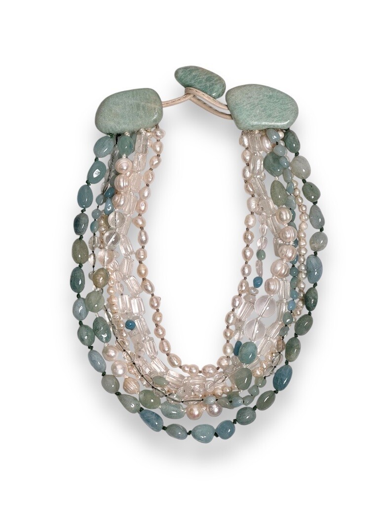 Necklace: Aquamarine, amazonite, quartz and pearls