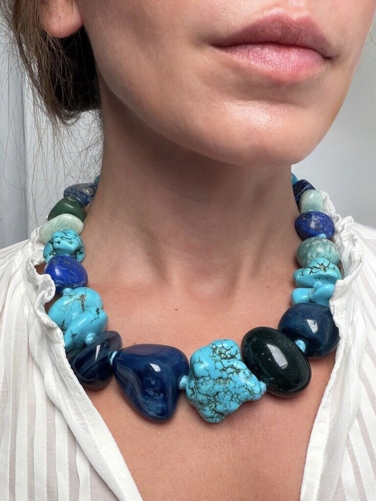 Necklace with lapis lazuli, turquoise, amazonite and moss agate